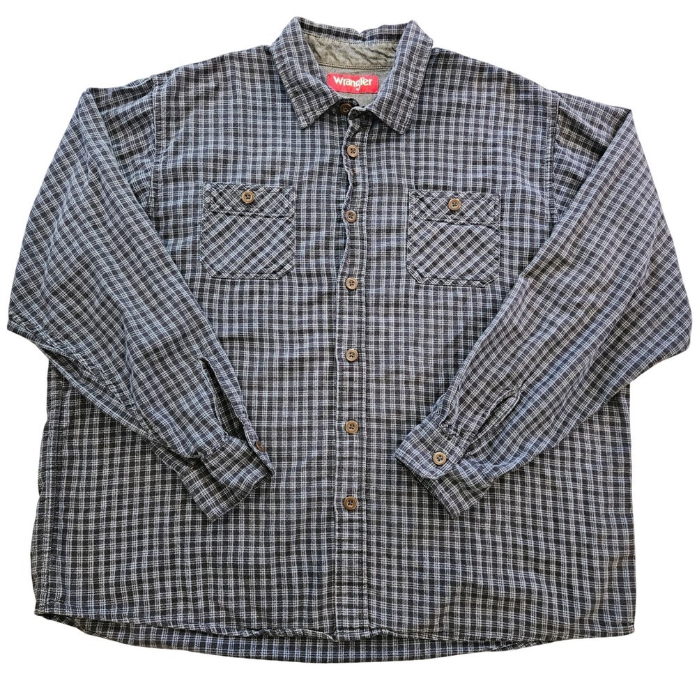 Wrangler Mens 2XL Plaid Flannel Button Down Shirt Navy Blue Grey Western - Picture 1 of 6